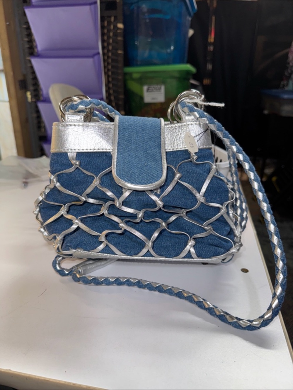 NWOT Vtg. Warren Reed Women's Denim/ Silver Faux Leather Shoulder Bag